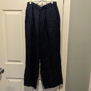 Navy Flax Linen Cropped Wide legged Pants with Pockets